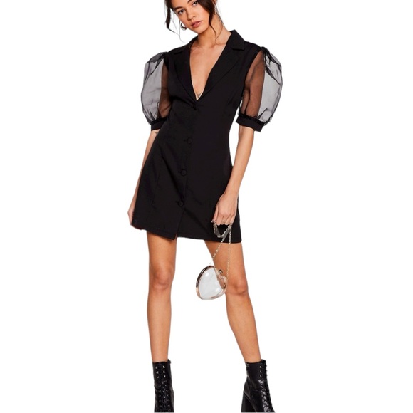 NWT  Nasty Gal Sheer For The Drama Organza Sleeve Blazer Dress Black Sz 12 - Picture 5 of 8